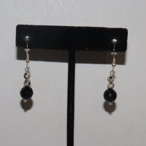 Dalmatian Jasper & Black Glass Earrings | 1.5" Long | Silver Accents | NWoT